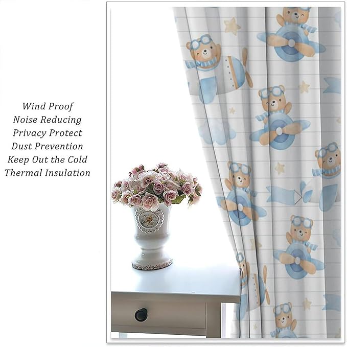 Cartoon Bear Curtains, Lovely Bear Adventure Airplane Blue White Stripe Blackout Window Treatments, Rod Pocket Thermal Insulated Drapes 2 Panel Sets for Kids Bedroom Nursery Classroom, 42"W X 45"L