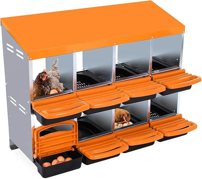 Chicken Nesting Box, 8 Hole 2 Layer Hen Nest Boxes, Roll-Away Egg Collection System with Ventilation Holes，Rustproof Plastic Tray & Keyhole Mounting, Chicken Laying Box