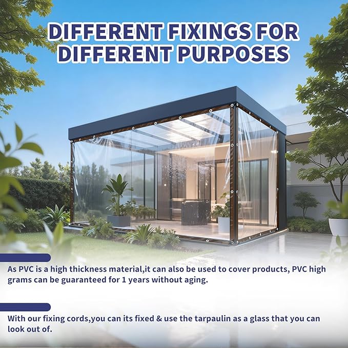 Clear Waterproof Tarp with Grommets, Heavy Duty Vinyl Tarpaulin, Tear Resistant Transparent Cover for Patio, Greenhouse, Garden, Chicken Coop (Includes Ropes & Zip Ties) (10x13FT)
