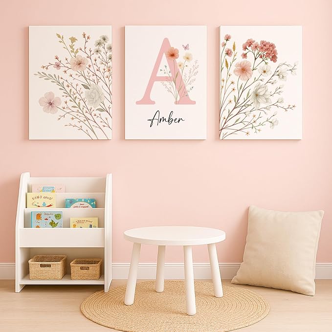 Personalized Girls Nursery Wall Art - Custom Name Pink Floral Butterfly Canvas Print 3pc Framed Wrapped Canvas for Bedroom Living Room Entryway Study Room Initial Wall Decor Baby Shower Birthday Easter Graduation New Year Valentine's Day Gift (60×90cm/...