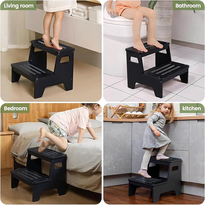 Wooden Step Stools for Kids, Heavy Duty Bamboo 2-Step Stepping Stools for Toddlers, DIY Non-Slip Pads & Handles, for High Bed, Bathroom, Toilet, Kitchen, RV, Black