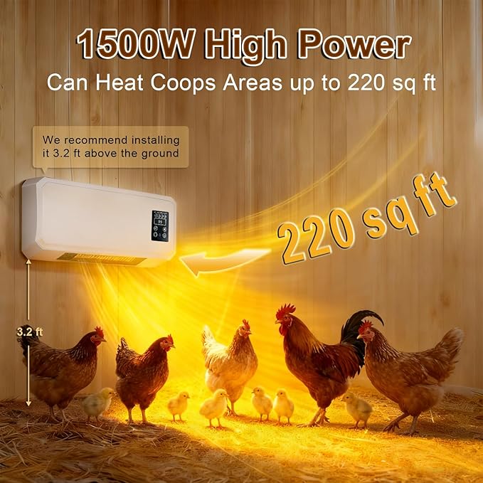 1500W Chicken Coop Heater for Winter, Wall-Mounted 2 Mode Poultry Heater with 5S Fast Heating, Adjustable Temp 77~99℉, Safe Heater for Chicken/Pets/Bird