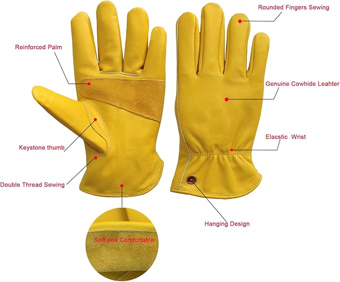 Cowhide Leather Work Gloves for Construction, Yardwork, Gardening with Reinforced Palm for Men & Women