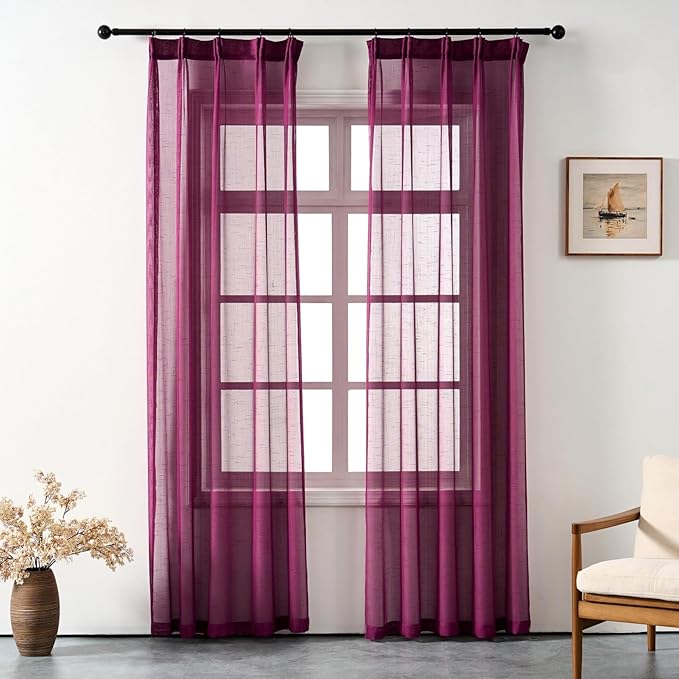 Plum Purple Curtains Sheer 90 Inches Long, Dark Linen Look Textured Light Filtering Drapes Decor, Rustic Eggplant Transparent Window Treatments, Pinch Pleat Curtain with Hooks