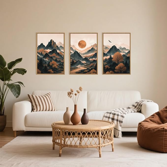 Large Boho Mountain Framed Canvas Wall Art Set, Brown Ridge Landscape Wall Decor, Pine Tree Scenery Wall Painting, Abstract Wilderness Art Print for Living Room, Bedroom, Office - 16"X24"X3