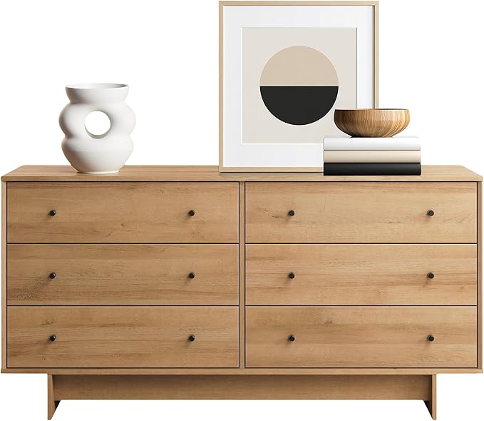 Prepac Finnley 6-Drawer Dresser in Natural Oak, Dresser for Bedroom, Extra-Wide Chest of Drawers with Storage, Modern Clothing Organizer for Home, Bedroom, Living Room, 16" D x 61" W x 31" H