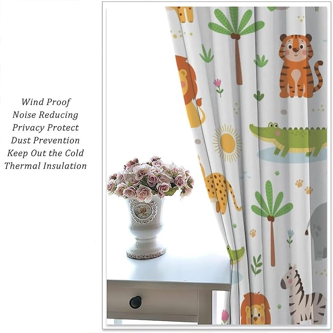 Cartoon Animal Curtains, Safari Woodland Jungle Forest Wildlife Blackout Window Treatments, Rod Pocket Thermal Insulated Drapes 2 Panel Sets for Kids Bedroom Nursery Classroom, 84" W X 84" L