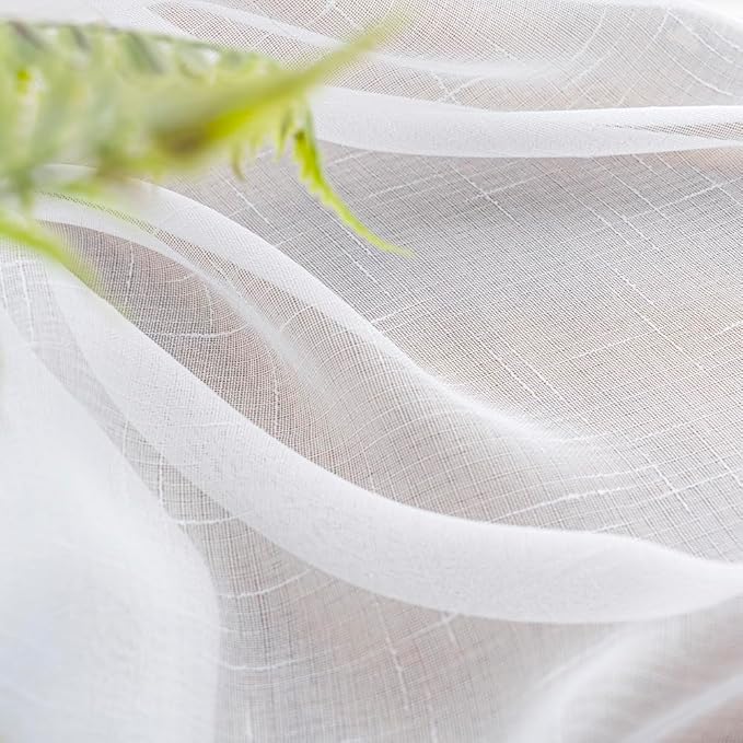 White Sheer Curtains 90 Inch 2 Panels Custom Long, Thin Textured Linen Look Window Sheers, Pinch Pleated Drapes for Living Room, Sliding Glass Door Curtain with Rings & Hooks & Back Tab