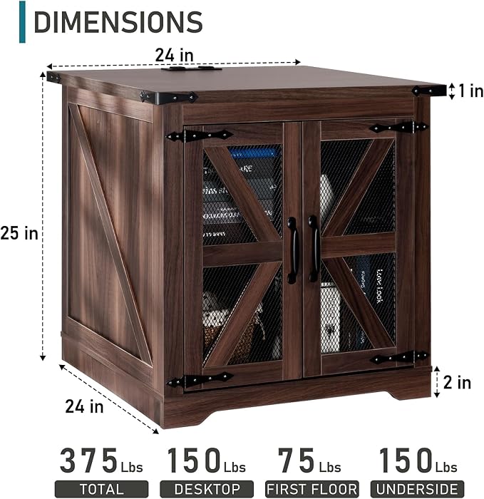 Farmhouse End Table, 24" Large Sofa Side Table with Charging Station, Mesh Barn Door, Rustic Wood Nightstand with Adjustable Storage Shelf, Square Nightstand for Living Room