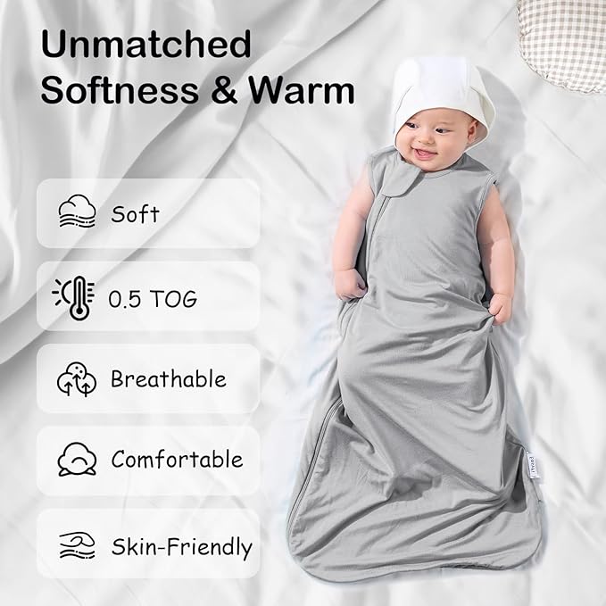 Supersoft Rayon Made from Bamboo Sleep Sack 6-12 Months 0.5 Tog Lightweight Toddler Sleep Sack Baby Wearable Blanket with 2-Way Zipper Summer Unisex Sleeping Bag for Babies - Gray