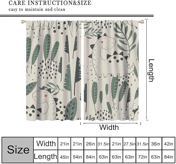 Dinosaur Curtains, Cute Dino Tropical Leaves Plant Beige Green Blackout Window Treatments, Rod Pocket Thermal Insulated Drapes 2 Panel Sets for Children Bedroom Nursery Classroom, 42" W X 45" L
