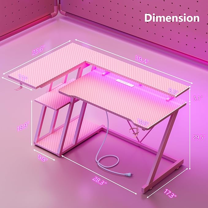 40 Inch Pink Gaming Desk with Power Outlet & LED Lights, Corner Computer Desk with 3 Tiers Storage Shelves, L Shaped Gaming Desk with Monitor Stand for Bedroom