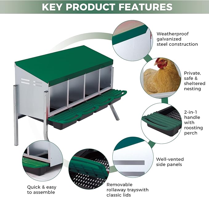 Chicken Nesting Boxes, 4-Hole Wall Mount Roll Away Nest for Easy Cleaning & Egg Collection, Metal Chicken Coop Nest for Hens, for Backyard, Farm, Poultry Coop with Bracket Legs, Green