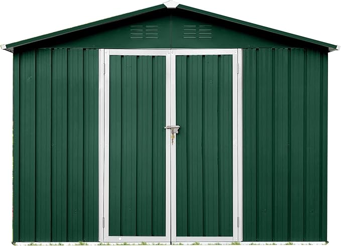 Storage Shed 8ft×6ft Classic Apex Roof Tool Shed Outdoor Storage Metal Garden Storage Sheds Tool Cabinet with Hinged Door Syste for Backyard, Patio, Poolside, Green