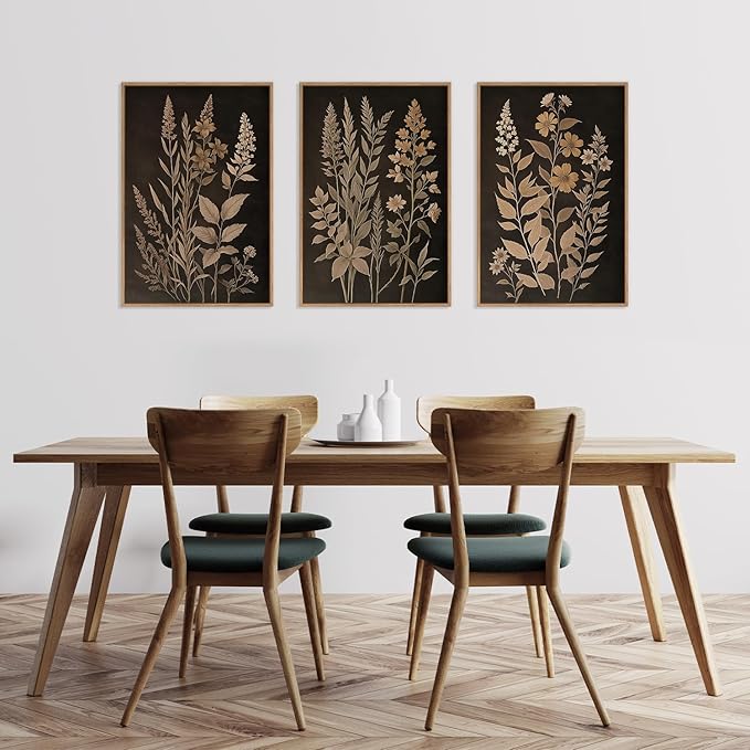 HLNIUC Vintage Botanical Fern Framed Canvas Wall Art Set,Black and Tan Plant Leaf Wall Decor,Netural Minimalist Herb Floral Art Print,Modern Farmhouse Wall Painting for Living Room,Bedroom - 16”x24”x3