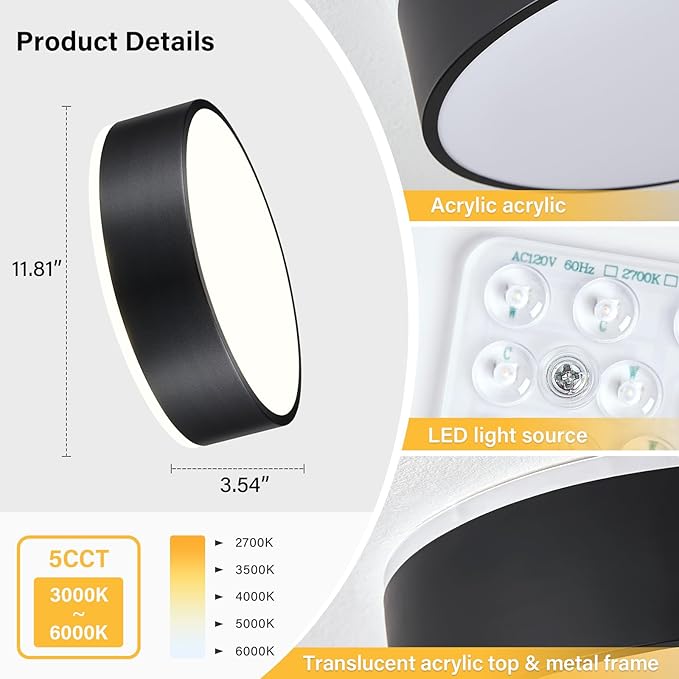 Dimmable LED Flush Mount Ceiling Light Fixture, Modern Black Round Ceiling Light