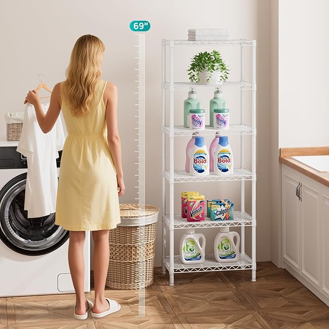 SINGAYE 6 Tier Shelf Adjustable Storage Wire Shelving Unit Metal Shelves Standing Closet Bathroom Organizers Pantry Kitchen Garage Laundry Room Organization Home Rack 12" D X 22" W X 69.5" H White
