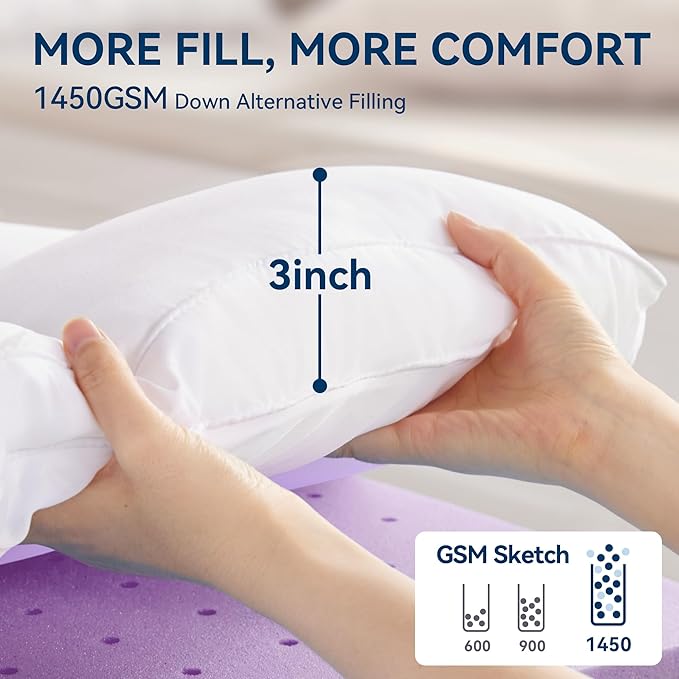 BDEUS Dual Layer 5 Inch Memory Foam Mattress Topper Queen Size, 2 Inch Gel Memory Foam Plus 3 Inch 1450 GSM Down Alternative Quilted Pillow Top Mattress Pad Cover,White