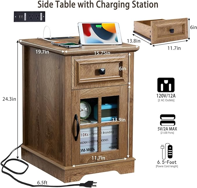 Farmhouse XXL End Table with Charging Station, Side Table with USB Ports and Outlets, Nightstand with Drawer and Glass Door Storage, Log Color Bedside Tables for Living Room, Bedroom, Office