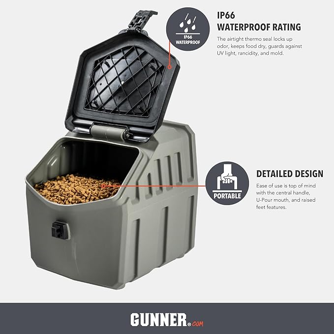 GUNNER 30 lbs Dog Food Storage Container - Waterproof & Airtight Dog Food Bin - Multi-Purpose Pet Meal Bin for Dry Feed, Corn, Chicken Feed, Pet treats, Bird Seed, & More - Gunmetal