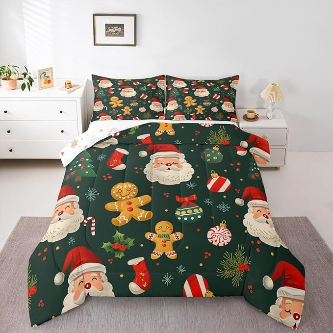 Feelyou Christmas Bedding Set Soft for Boys Girls, Santa Xmas Tree Comforter Set Queen Size Gingerbread Man Duvet Quilt Microfiber Snowflake Stockings Bedroom Decor 3 Pcs with 2 Pillow Cases