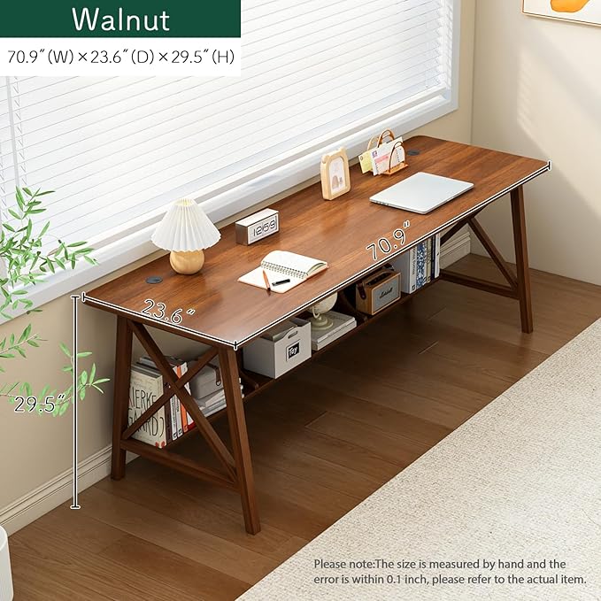 Extra Long Desk with Bookshelf - Wooden Home Office Work Study Table, 2-Person Writing Computer Workstation with Storage Shelf in Walnut, 71" Wx24 Dx30 H