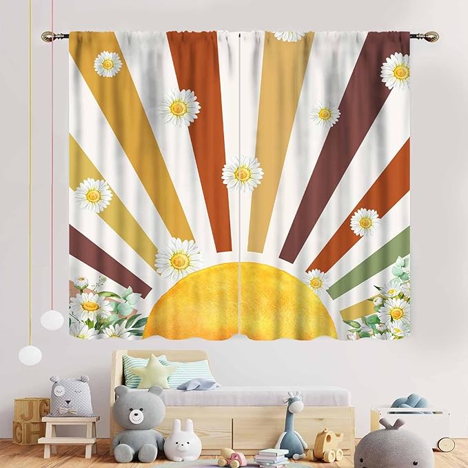 Boho Rainbow Curtains, Watercolor Bohemian Modern Abstract Daisy Floral Abstract Aesthetic Rainbow Blackout Window Treatments for Kids Girls Baby Bedroom Living Room Bathroom 2 Panels, 63"x63" Inch