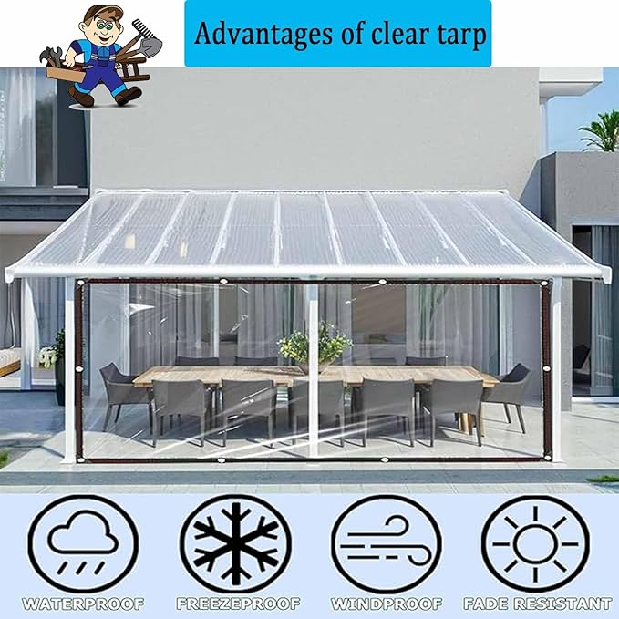 15x15 FT Heavy Duty Clear Waterproof Tarps,Clear Vinyl Tarp with Grommets and Reinforced Edges, Resistant PVC Transparent Waterproof Tarpaulin for Covering Henhouse Porch Canopy Plant Camping