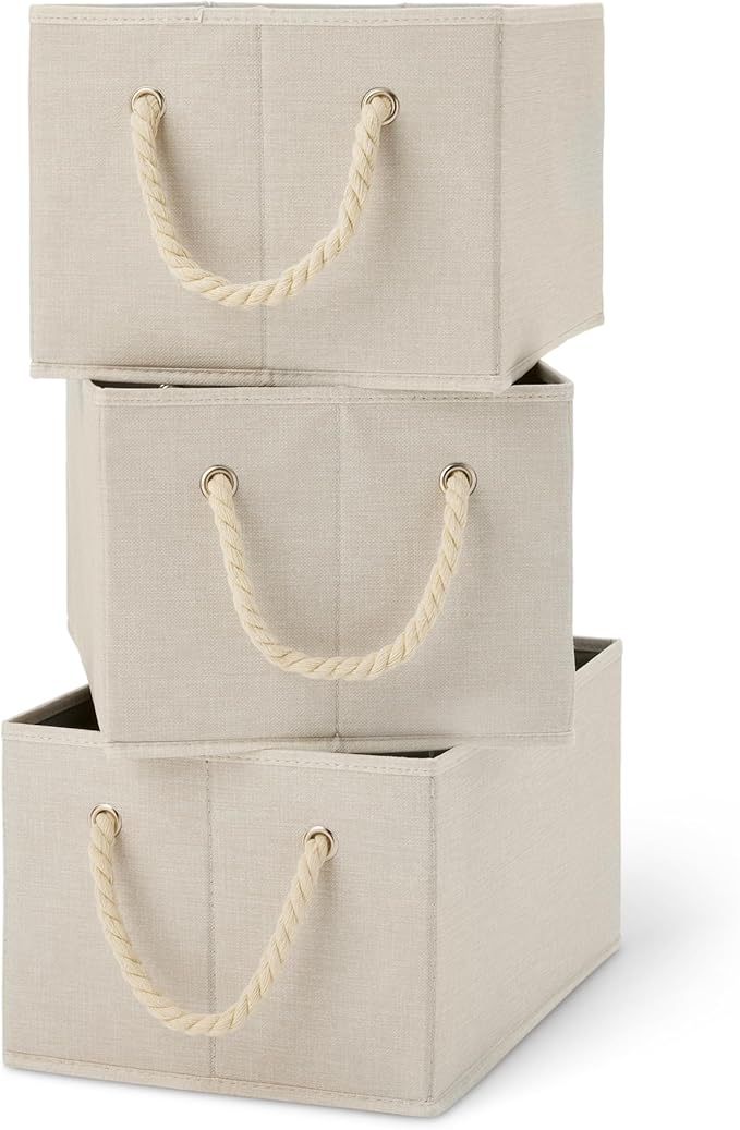 Amazon Basics Foldable Storage Bins with Rope Handles, Linen, Large, Pack of 3