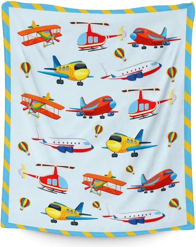 Airplane Throw Blanket Gift - 30" x 40" Inches Lightweight Warm Blanket for Lap, Couch, Office - Blue Cartoon Throw for Boys Kids