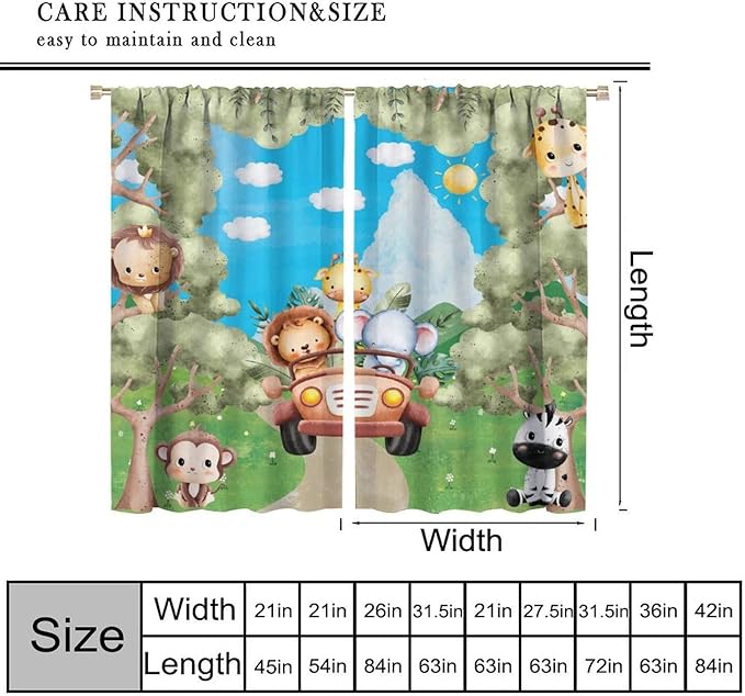 Jungle Animals Curtains, Cartoon Safari Animals Tropical Forest Leaf Blackout Window Treatments, Rod Pocket Thermal Insulated Drapes 2 Panel Sets for Kids Bedroom Nursery Classroom, 42"W X 63"L