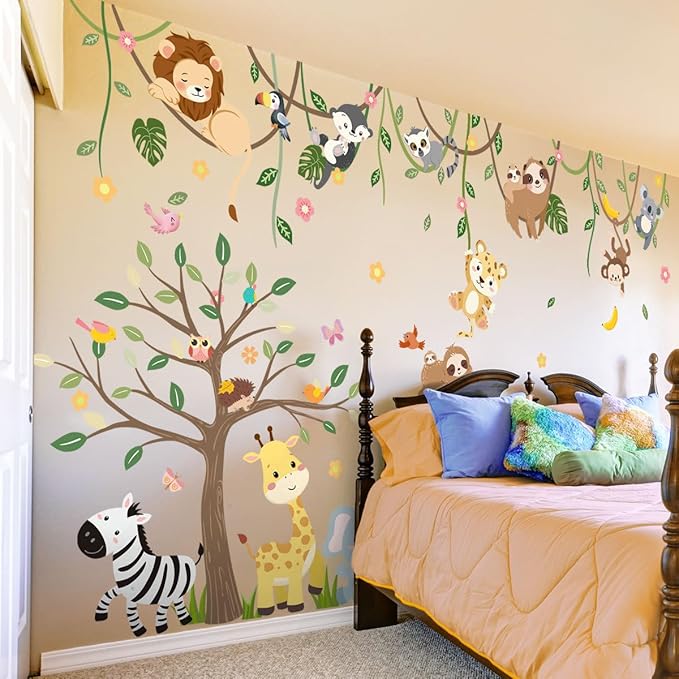 Large Jungle Animals Tree Wall Decals Safari Animals Climbing Trees Wall Stickers Elephant Giraffe Lion Sloth Wall Stickers for Baby Nursery Kids Room Playroom Classroom 90.94" x 62.59"