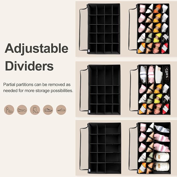 Shoe Organizer for Closet 2 Pack, Foldable Shoe Box with Adjustable Divider and Clear Cover, Space Saving Shoe Storage Organizer Cabinet with Reinforced Handles, Fits 40 Pair, Black, TP11B