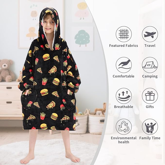 Fiosnow Pizza and Chips Blanket Hoodies for Kids 6-13YR Oversize Wearable Blanket Hoodies for Boys Girls Teens
