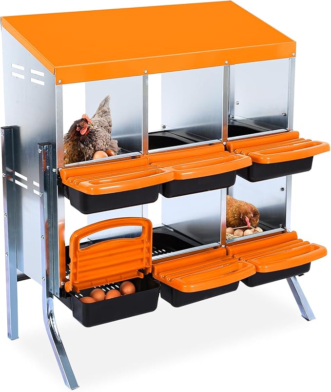 Chicken Nesting Boxes, Roll Away Nesting Box 6 Hole Metal Chicken Egg with Leg for Chicken Coop, Swing Perch and Rollout Egg Collection, Orange