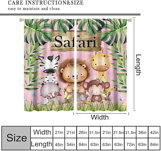 Kids Safari Animals Curtains, Cartoon Wildlife Tropical Leaf Pink Blackout Window Treatments, Rod Pocket Thermal Insulated Drapes 2 Panel Sets for Bedroom Nursery Classroom, 52" W X 84" L