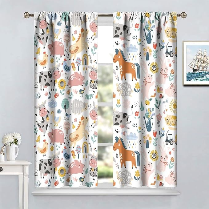 Farm Animal Curtains for Kids, Cartoon Cute Wild Animal Window Treatments Woodland Farmhouse Cow Horse Pig Window Drapes for Girls Boys Nursery Toddler Bedroom 55x63in