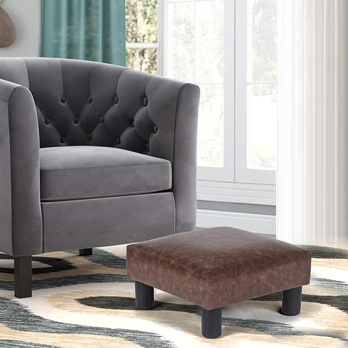 Joveco Small Footstool Ottoman Upholstered PU Leather Square Footrest Ottomans Small Foot Rest for Desk Couch Living Room Bedroom Office (Brown)