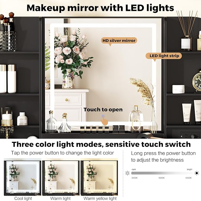 43" Makeup Vanity Desk with Mirror and Lights, & Power Outl, Glass Top Big Vanity Table with 9 Drawers& 8 Storage Shelves, Dressing Table Set with Chair for Bedroom, Black