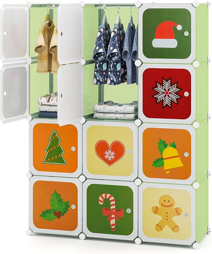 Costzon Kids Closet, Cartoon DIY Modular Dresser Storage Organizer with 12 Cubes & 2 Clothes Hanging Rack, Portable Armoire for Baby Toddlers, Kids Wardrobe for Bedroom Nursery