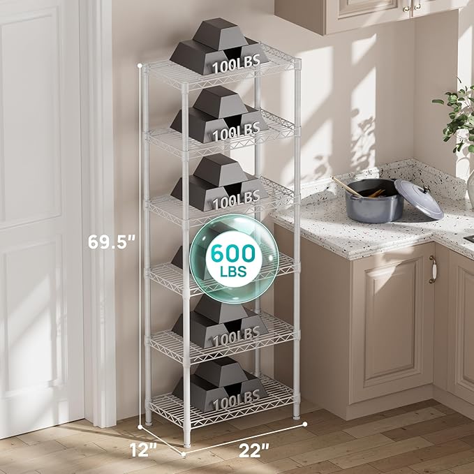 SINGAYE 6 Tier Shelf Adjustable Storage Wire Shelving Unit Metal Shelves Standing Closet Bathroom Organizers Pantry Kitchen Garage Laundry Room Organization Home Rack 12" D X 22" W X 69.5" H White
