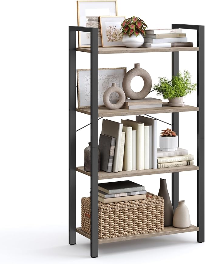 VASAGLE 4-Tier Bookshelf, Bookcase with Steel Frame, Book Shelf for Living Room, Home Office, Study, 11.8 x 26 x 47 Inches, Industrial Style, Heather Greige and Ink Black ULLS060B02