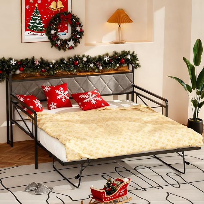 VINGLI Full Daybed with Trundle Bed, Upholstered Day Bed with LED Light &