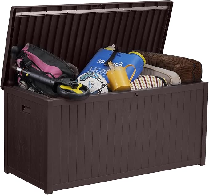 120 Gallon Outdoor Storage Box Large, Lockable Outside Containers Waterproof Patio Cushions Storage Deck Boxes, Plastic Garden Hose Boxes Resin Pool Storage Bins, Brown