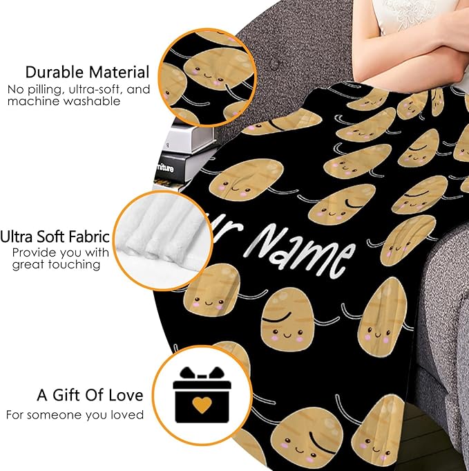 Custom Flannel Blanket with Text Cute Kawaii Potato with Name Customized Blankets Warm Unique Personalized Throw Souvenirs Gift of Love 120”×90” Extra Large for Family