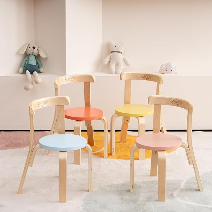 Swegrow Wooden Kids Chair, Toddler Chair for Table, Kids Stackable Chairs, Kid Wooden Furniture for Family/Playroom/Classroom（Set of 4-Color）