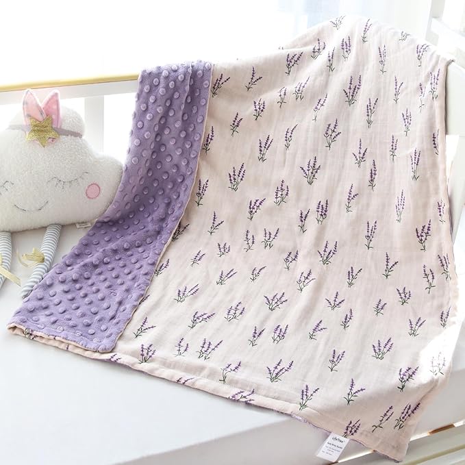 LifeTree Baby Blankets for Boys Girls, Soft Double Layer Swaddle Blankets, Muslin Front and Dotted Fleece Backing Receiving Bed Throw Blanket for Newborn Unisex, 31X40 Inches, Lavender