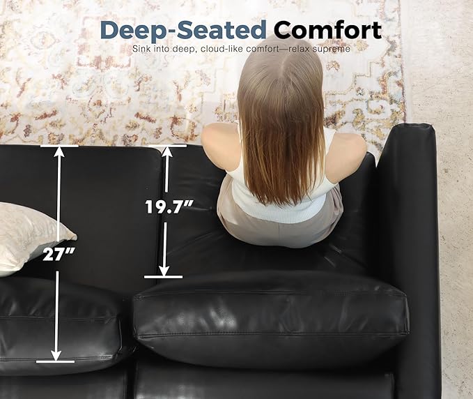 ABCASA 118.5" Faux Leather Modular Sectional Sofa, 7 Seater U Shaped Couch with Storage Seat with Reversible Chaise Deep Seat for Living Room Black