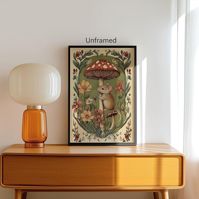 Nursery Animal Canvas Wall Art, Mouse and Toadstool Poster, Rustic Mushroom Mouse Painting, Cozy Folk Art Prints, Countryside Botanical Floral Painting for Kids Room 24x36in Framed