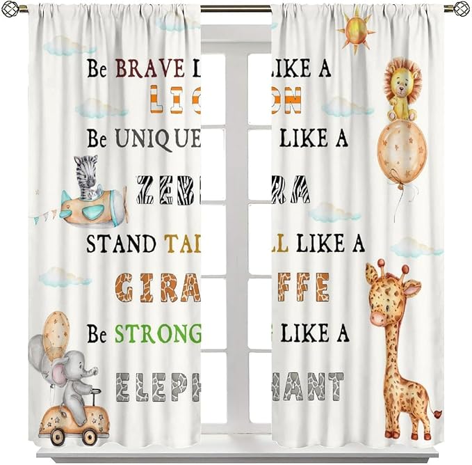 Cartoon Animals Curtains, Cute Jungle Animal Zebra Elephant Lion Giraffe Blackout Window Treatments, Rod Pocket Thermal Insulated Drapes 2 Panel Sets for Kids Bedroom Nursery Classroom, 72"W X 63"L